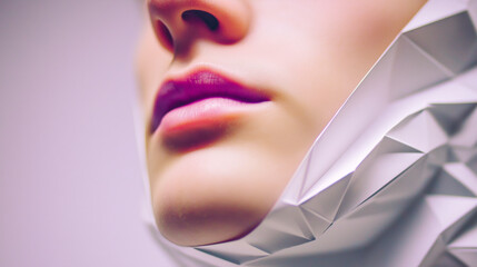 Close up of lips with futuristic geometric shapes around face symbolizing beauty technology innovation and modern cosmetic concept