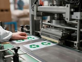 Industrial Machine Applies Green Recycling Symbol on White Material on a Conveyor Belt