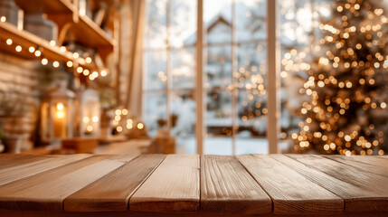 Wooden table surface with blurred festive background of glowing christmas lights, decorated tree and cozy home interior