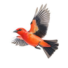 Red Bishop Bird Flying full body view isolated on white or transparent background 