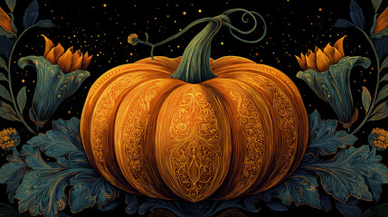 halloween pumpkin with leaves and flowers, pumpkin illustration art