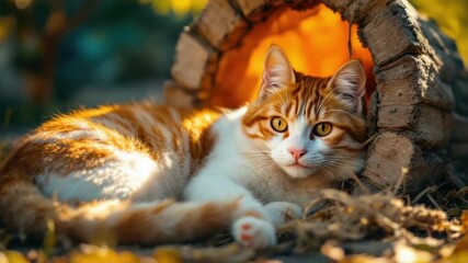 Ginger cat relaxing in the sun near rustic wooden shelter