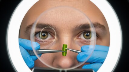 Scientist Inspects Tiny Green Specimen Under Magnifying Glass with Blue Gloves
