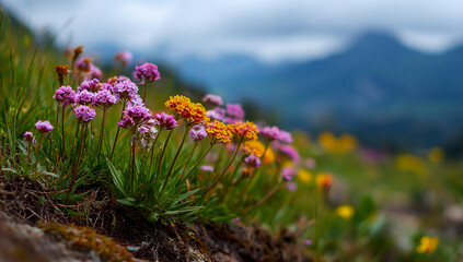 Obraz premium Vibrant wildflowers bloom on a mountainside with blurred peaks in the background