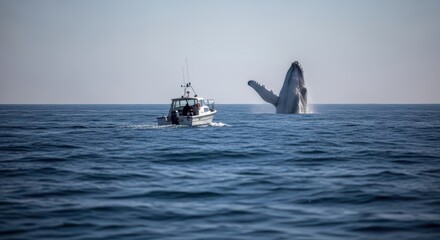 Naklejka premium Humpback whale breaching near boat on open sea