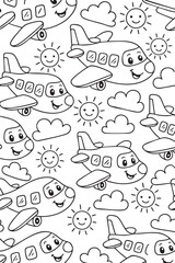 A cheerful seamless pattern for coloring! Happy cartoon airplanes fly among friendly suns and clouds. This adorable line art is perfect for kids' activities, textiles, and nursery decor