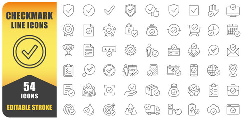 Checkmark Line Icon Vector Set. A Collection Of 54 Editable Thin Line Stroke Checkmark Icons Representing Approval, Success, Verification, And Tasks. Perfect For Business, Project Management, Websites