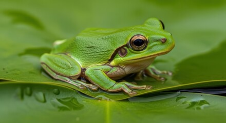 Naklejka premium Vibrant green tree frog resting on leaf in natural habitat
