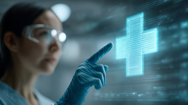 Medical researcher wearing protective eyewear and gloves, touching a glowing blue digital cross symbol, representing innovative healthcare technology and future solutions - Powered by Adobe