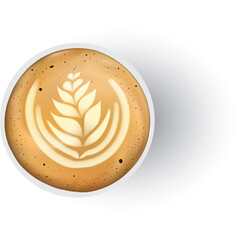 Top View Of A Takeaway Coffee Cup With Latte Art Of A Leaf Design In Creamy Brown Coffee With Small Dark Specks And A White Rimmed Paper Cup And White Background With Soft Shadow