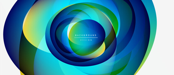 Abstract circular layers, vibrant colors blend. Blue, green, yellow hues create dynamic visual effect. Modern design element.