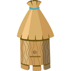 Traditional Beehive With Thatched Roof And Light Blue Rope Accent Detailed Wooden Texture Isolated On White Background Cartoon Style