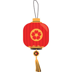 Traditional Chinese Red Lantern with Flower Emblem and Yellow Tassel Hanging Detail Against a White Background