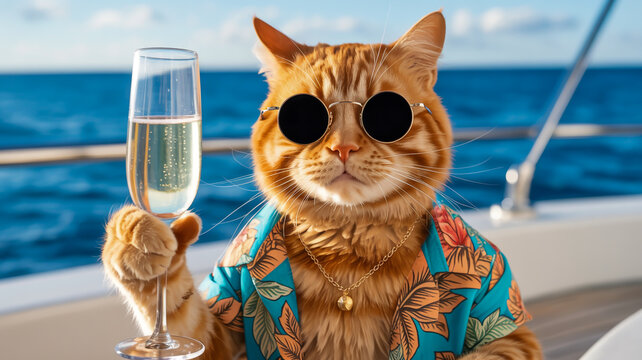 A close-up photograph of an orange tabby cat wearing round black sunglasses and a floral Hawaiian-style shirt with brown and green patterns.