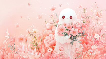 Cute little ghost character holding pink flower bouquet. Sweet fantasy illustration of happy spirit standing in vibrant pink flower field