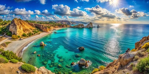 Obraz premium Cyprus Aphrodite Bay Panoramic Mediterranean Sea Coastal Landscape