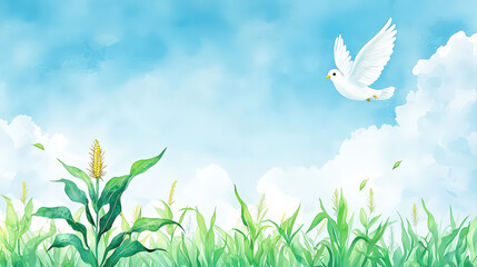 Serene watercolor illustration of hopeful white dove flying in pastel sky with cloud over green cornfield, symbol of peace and freedom