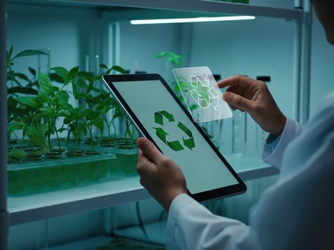 Scientist Interacts with Digital Recycling Symbol Overlaying Plant Growth Experiment