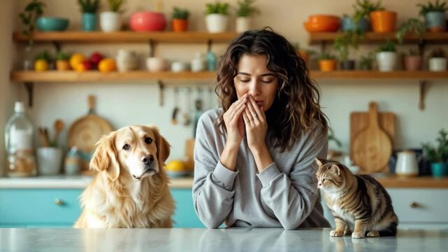 Woman sneezing in modern kitchen with golden retriever and kitten on counter