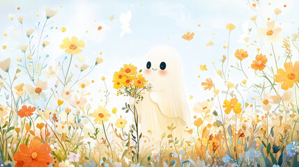 Gentle, happy ghost holding yellow flower bouquet in vibrant, whimsical field. cute, content spirit enjoys peaceful nature scene