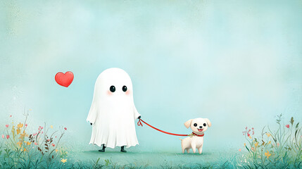 Cute gentle ghost walking little dog pet on leash. whimsical illustration showing love and friendship with red heart in sky