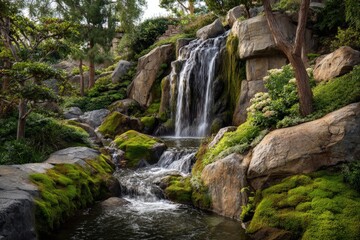 Fototapeta premium Serene Waterfall Cascading Over Rocky Terrain in Lush Forest Landscape, Nature Viewpoint, Outdoor Environment