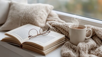 Cozy autumn reading nook with open book and steaming coffee by a window