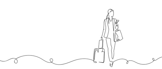 A hostess dragging luggage holding a smartphone in hand. Continuous line drawing hand drawn line art on transparent background.One line continuous outline isolated vector illustration. Editable stroke