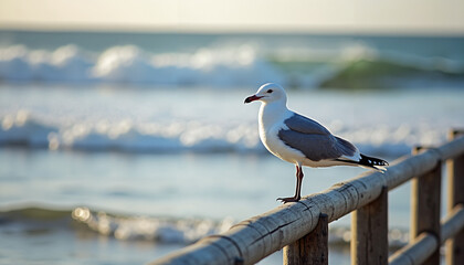 Seagull standing on wooden railing by the ocean at sunset