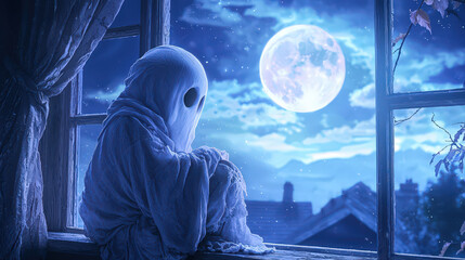Lonely gentle ghost sitting on windowsill at night, looking at full moon. sad spirit watches sky with pensive feeling