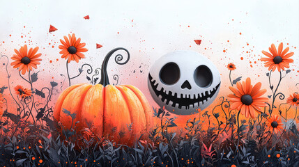 Spooky smiling skull ghost sits next to fantasy pumpkin in field of orange flower. whimsical Halloween illustration with happy vibe
