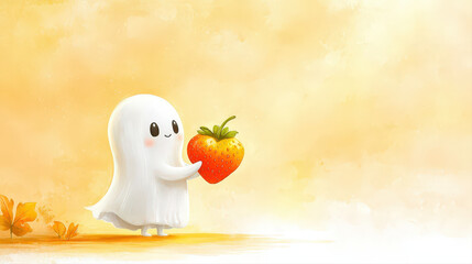 Adorable ghost expresses pure joy, gently holding heart shaped strawberry soft golden light. Background glows with warm yellow hues, creating