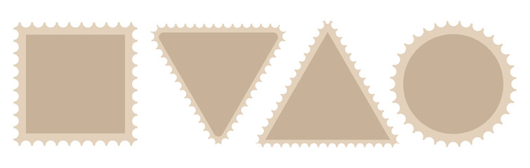 Triangle stamp frame for mail card. Postcard paper with old perforated edge. Square jagged graphic set for album illustration. Blank bumpy travel isolated design collection for envelope label.
