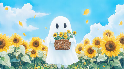 Cheerful little white ghost stands in vibrant yellow sunflower field, holding small woven basket of bright flowers under blue sky
