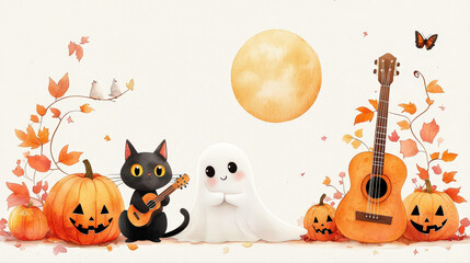 Delightful white ghost and charming black cat celebrate Halloween glowing full moon. They enjoy music with smiling pumpkins, autumn leaves