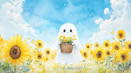 Cute white ghost happily stands vibrant sunflower field bright blue sky. It carries small basket of yellow flowers, exuding cheerful and peaceful