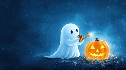 Cute little white ghost character stands playfully beside glowing orange jack o lantern pumpkin, illuminating dark blue night with joyful