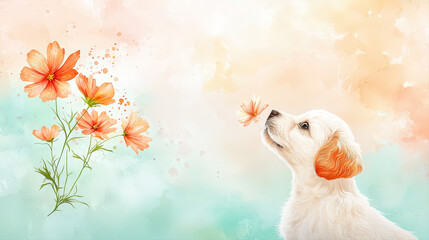 Cute white puppy gazes curiously delicate orange flower, captured peaceful watercolor illustration. This adorable animal embodies gentle innocence