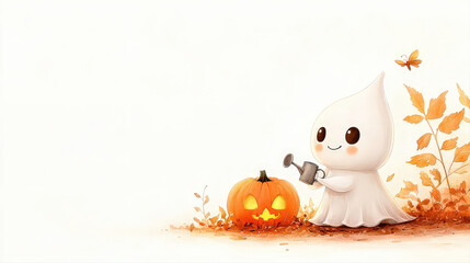 Little ghost kneeling, happy, gently watering glowing pumpkin sprout. Autumn Halloween scene, cute character illustration, cheerful artwork