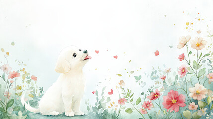 Delightful white puppy gazes upward with joyful curiosity amidst vibrant, blossoming flower garden, embracing beauty of nature