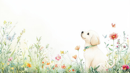 Cute white puppy sits peacefully among colorful spring flowers in vibrant field. Its gentle expression reflects pure joy and innocence