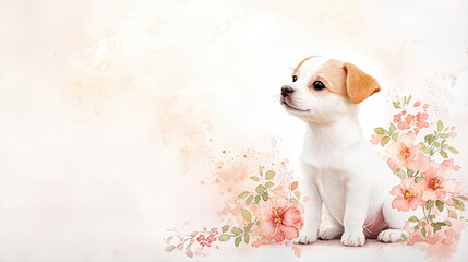 Small, young puppy with white and brown fur sits gently, looking alert and innocent against soft pastel floral background