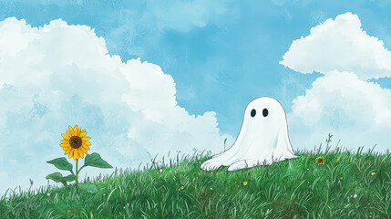 Little white ghost creature peacefully rests on green grass beside bright sunflower. Blue sky and fluffy cloud create serene nature landscape