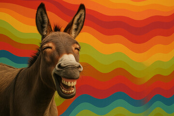 	
portrait of a donkey, happy and smiling in the colors	