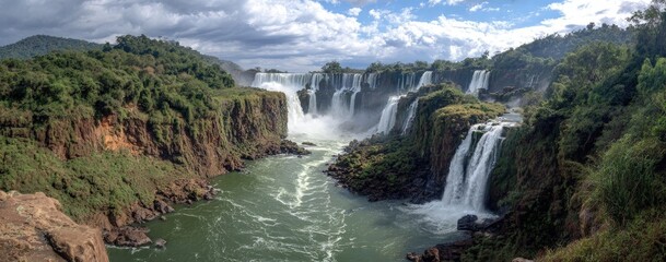 Waterfalls cascading over rocky cliffs surrounded by dense forest under cloudy sky, wide-angle nature landscape view