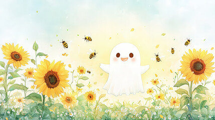 Happy smiling cartoon ghost playful in whimsical illustration. creature enjoys bright sunflower field with cheerful bees