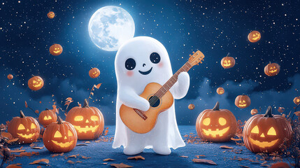 Cute ghost happily plays guitar full moonlight, surrounded by glowing jack o lanterns Halloween night.