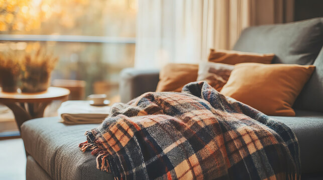 Cozy sofa covered with plaid blanket, inviting warm tone home scene concept