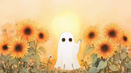 Playful little ghost waves friendly farewell in vibrant sunflower field during peaceful sunset dusk