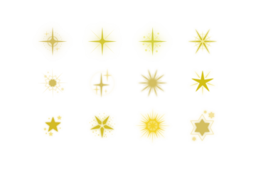 Collection of sparkling golden starbursts and light flares on black background
